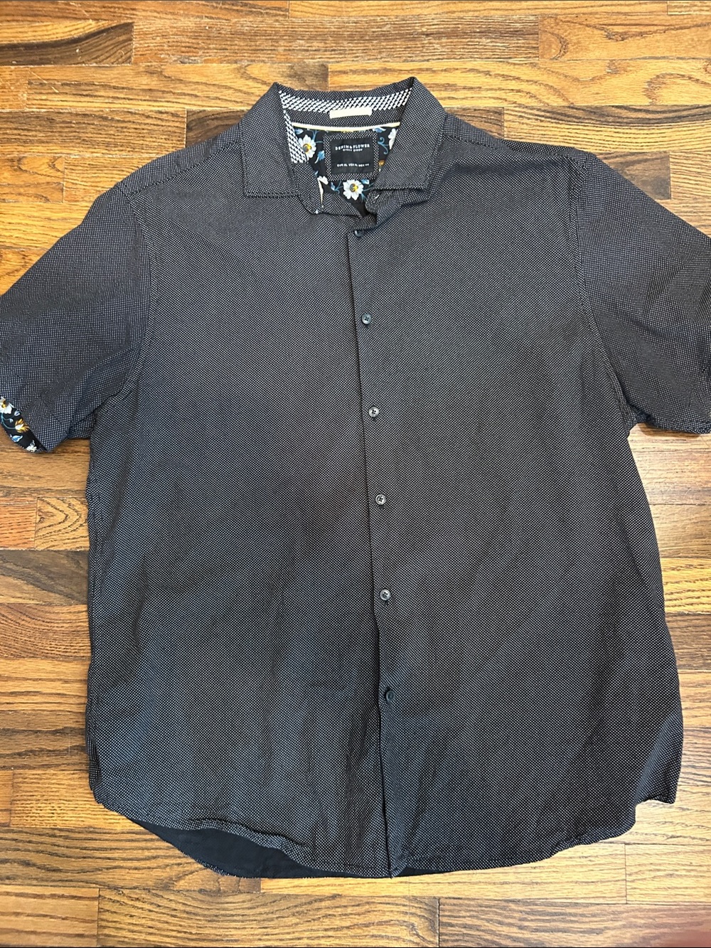 Denim & Flower Short-Sleeve Button-Down Shirt in Charcoal with Floral Trim